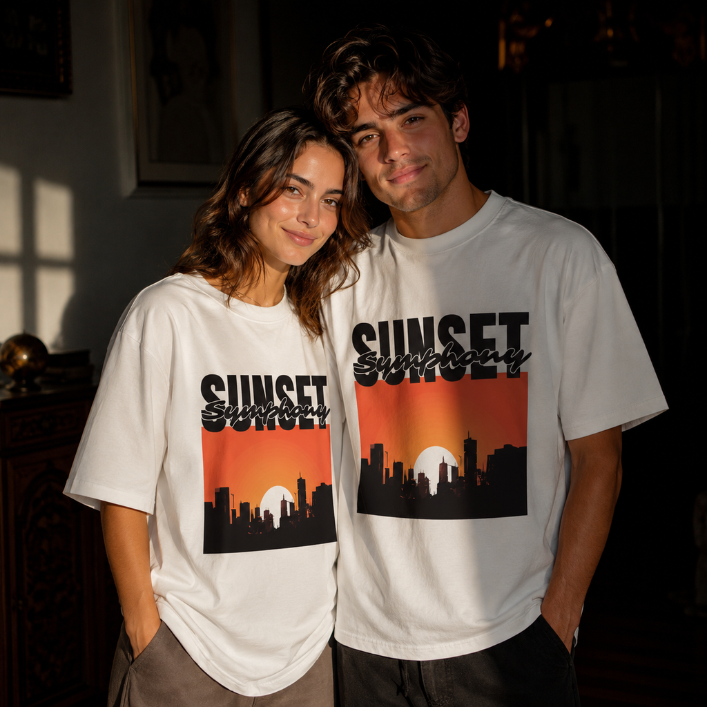 Sunset Symphony Oversized white Graphic T-Shirt | THE VELVET LOOM
