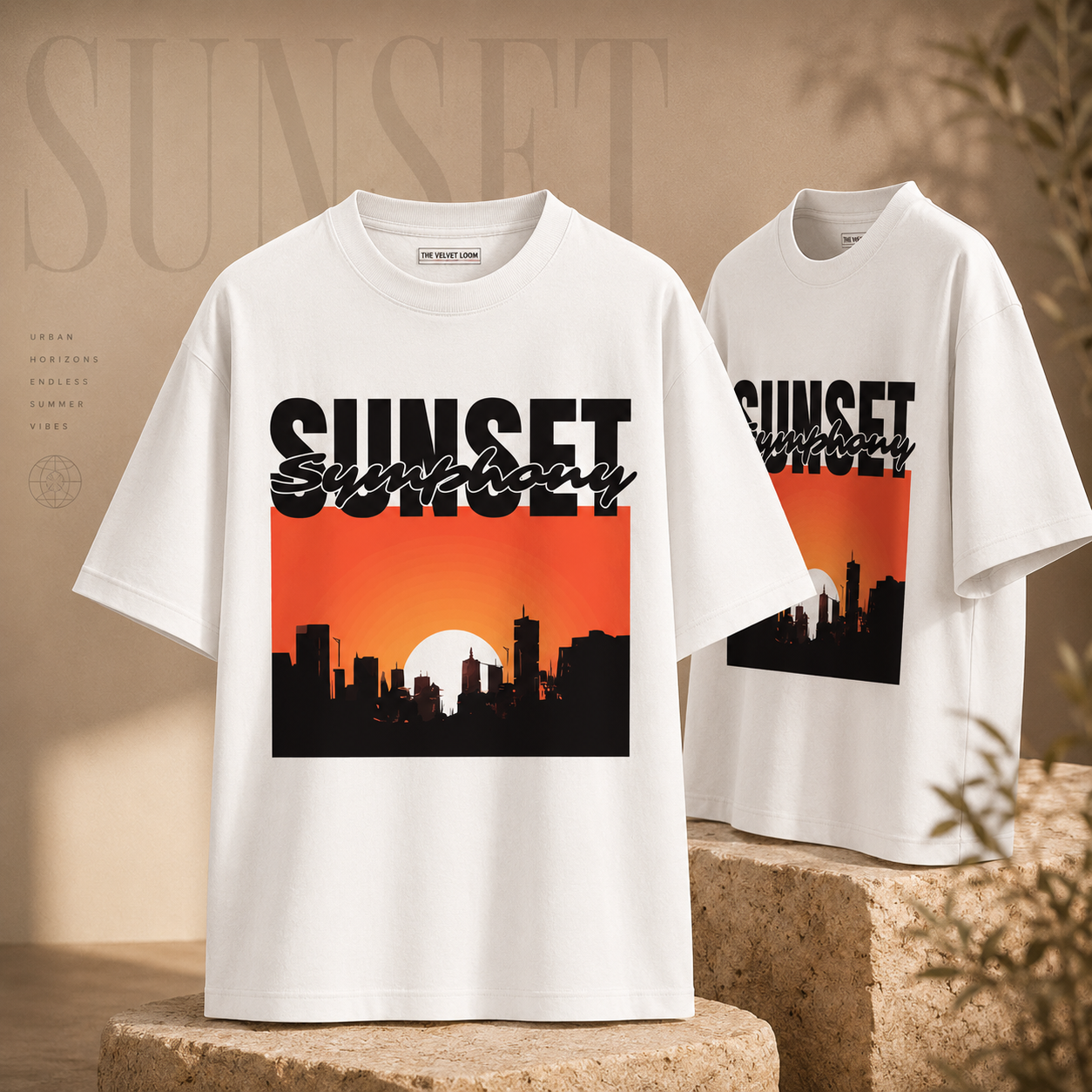 Sunset Symphony Oversized white Graphic T-Shirt | THE VELVET LOOM