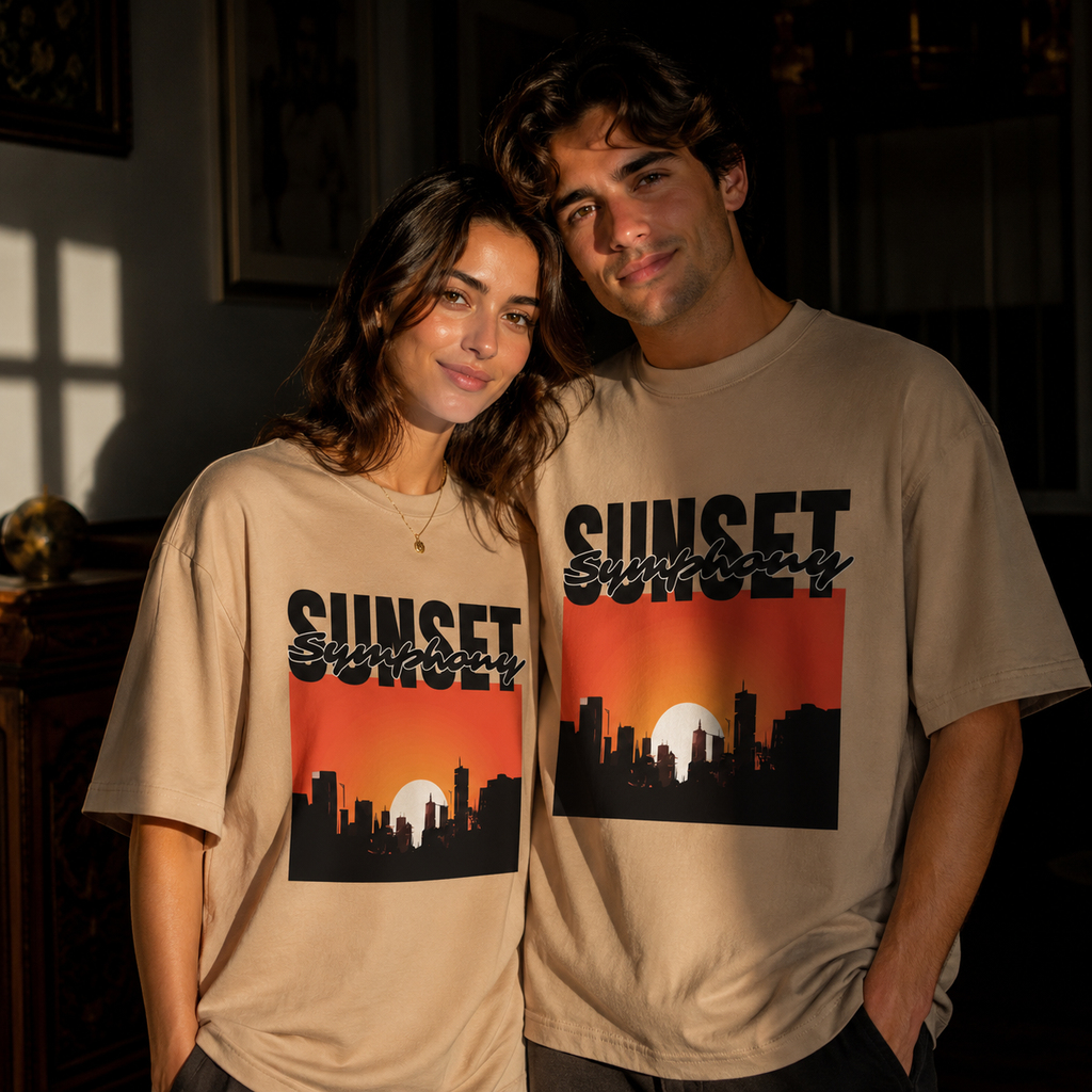 Sunset Symphony Oversized Beige Graphic T-Shirt | THE VELVET LOOM