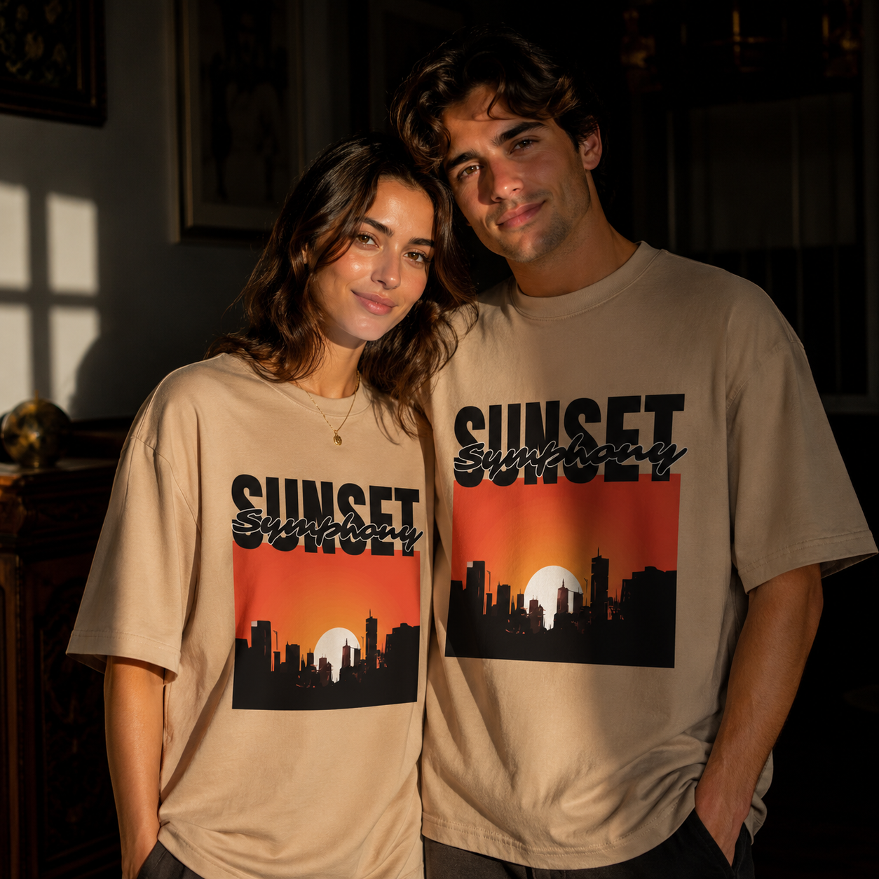 Sunset Symphony Oversized Beige Graphic T-Shirt | THE VELVET LOOM