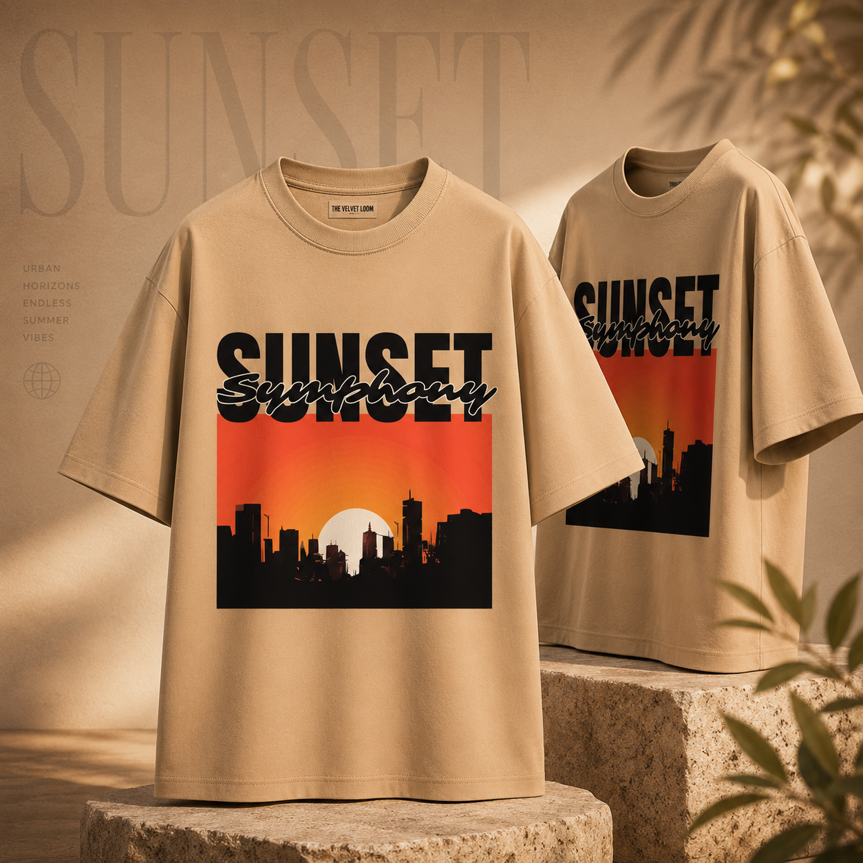 Sunset Symphony Oversized Beige Graphic T-Shirt | THE VELVET LOOM