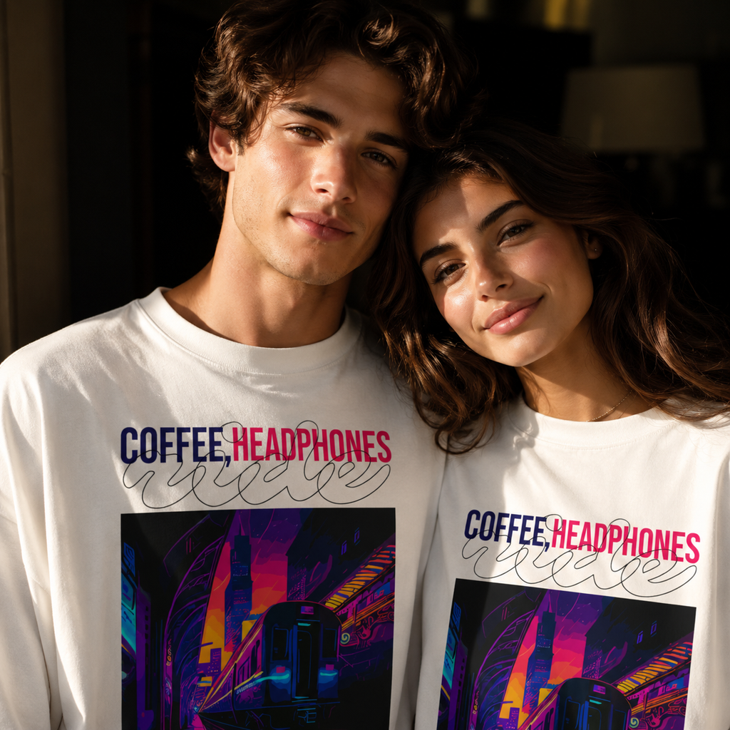 Coffee, Headphones & Vibes White Oversized T-Shirt | THE VELVET LOOM