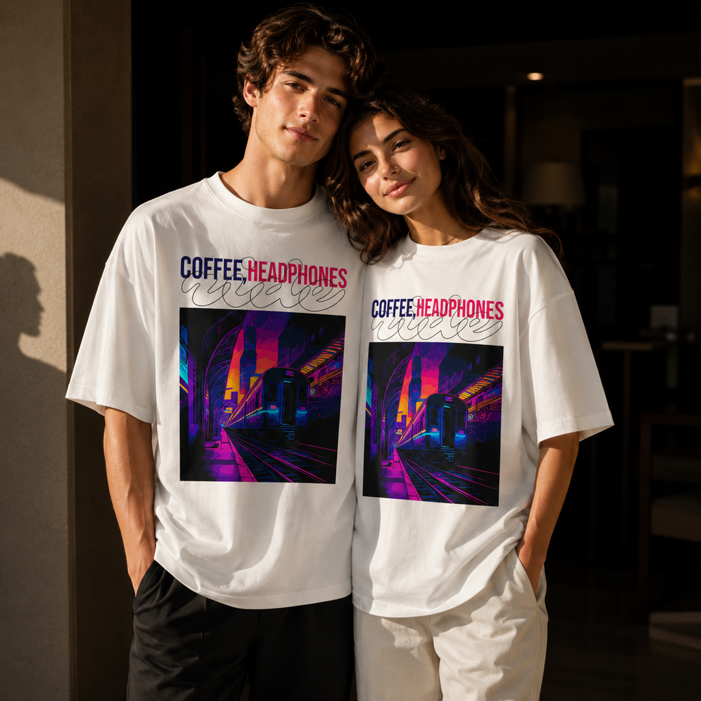 Coffee, Headphones & Vibes White Oversized T-Shirt | THE VELVET LOOM