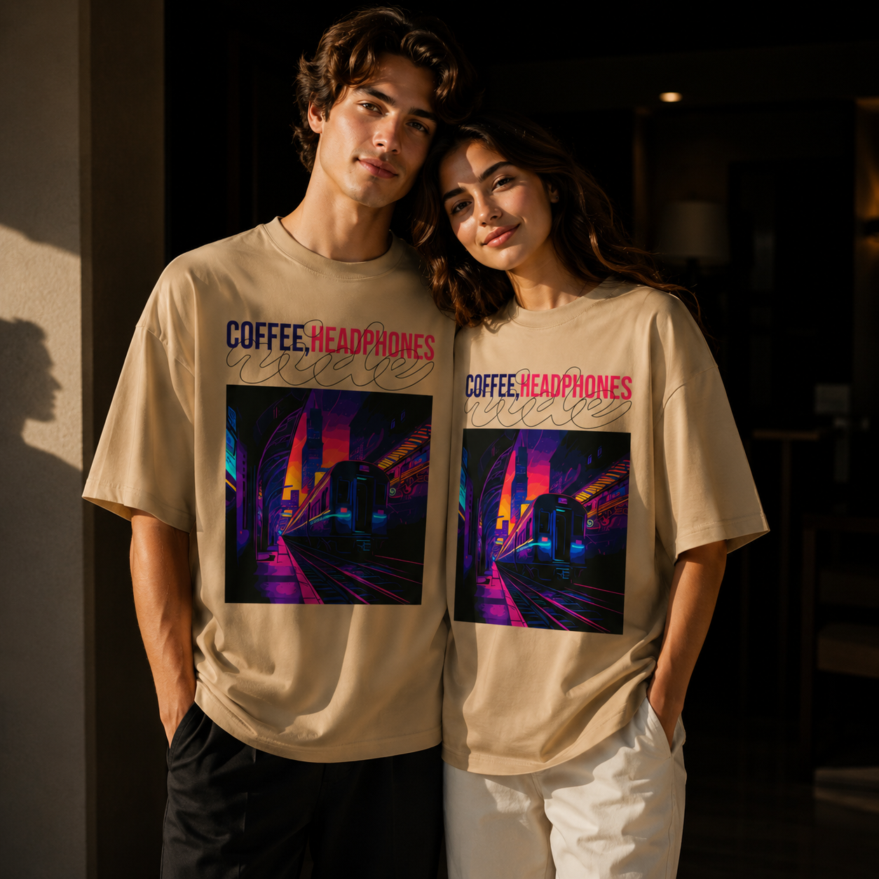 Coffee, Headphones & Vibes Beige Oversized T-Shirt | THE VELVET LOOM