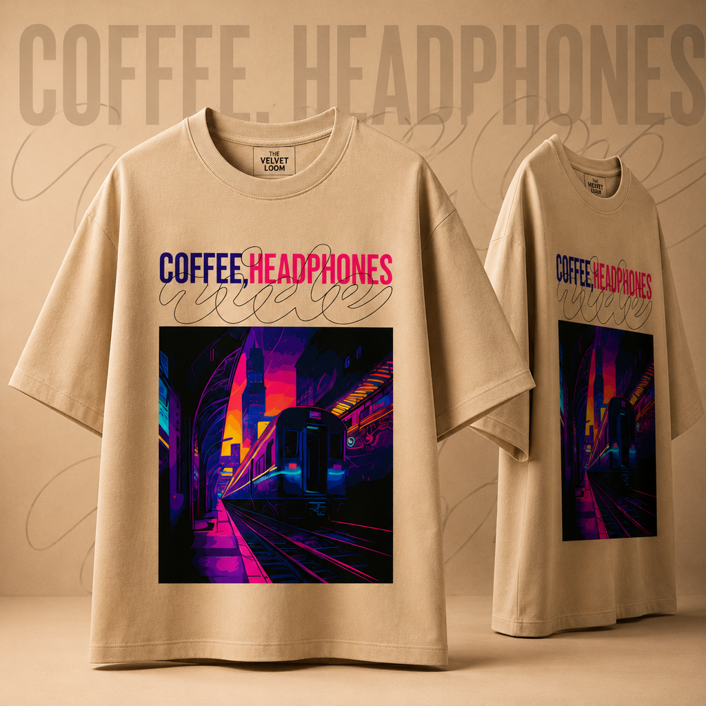 Coffee, Headphones & Vibes Beige Oversized T-Shirt | THE VELVET LOOM