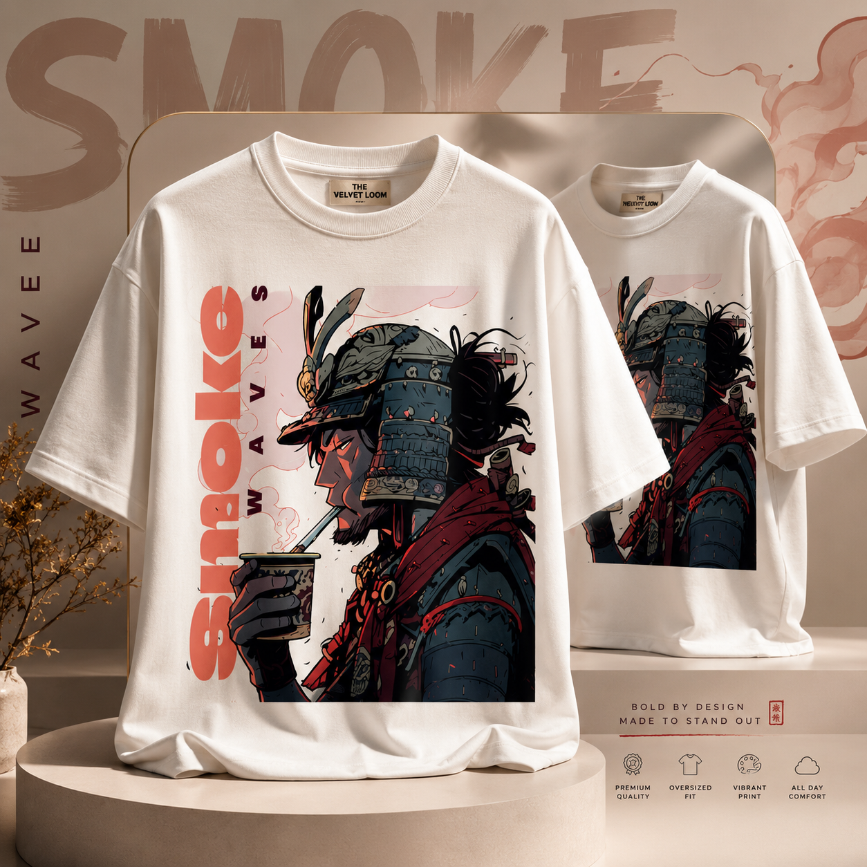 Samurai Waves White Oversized Graphic Printed T-Shirt | THE VELVET LOOM