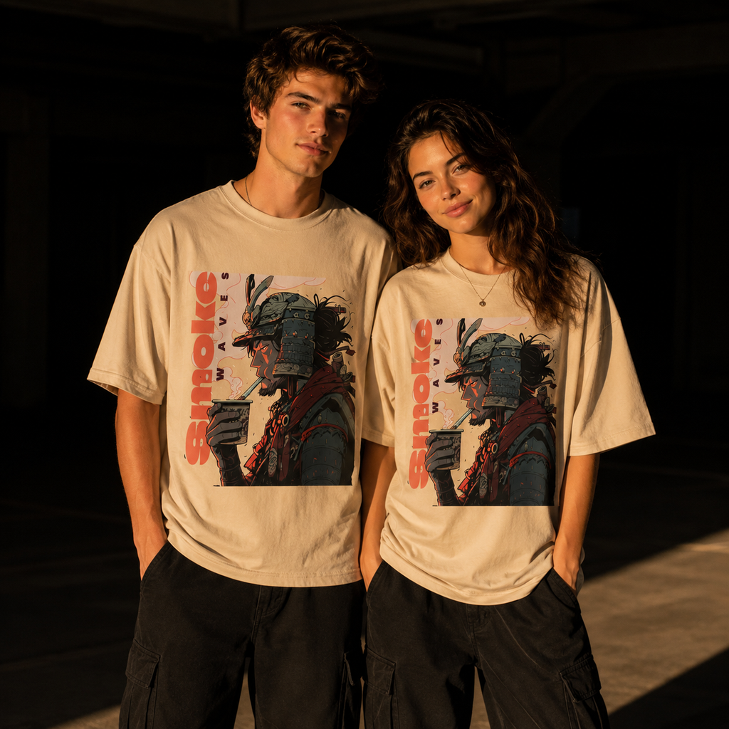 Samurai Waves Beige Oversized Graphic Printed T-Shirt | THE VELVET LOOM
