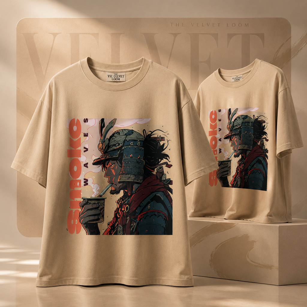 Samurai Waves Beige Oversized Graphic Printed T-Shirt | THE VELVET LOOM