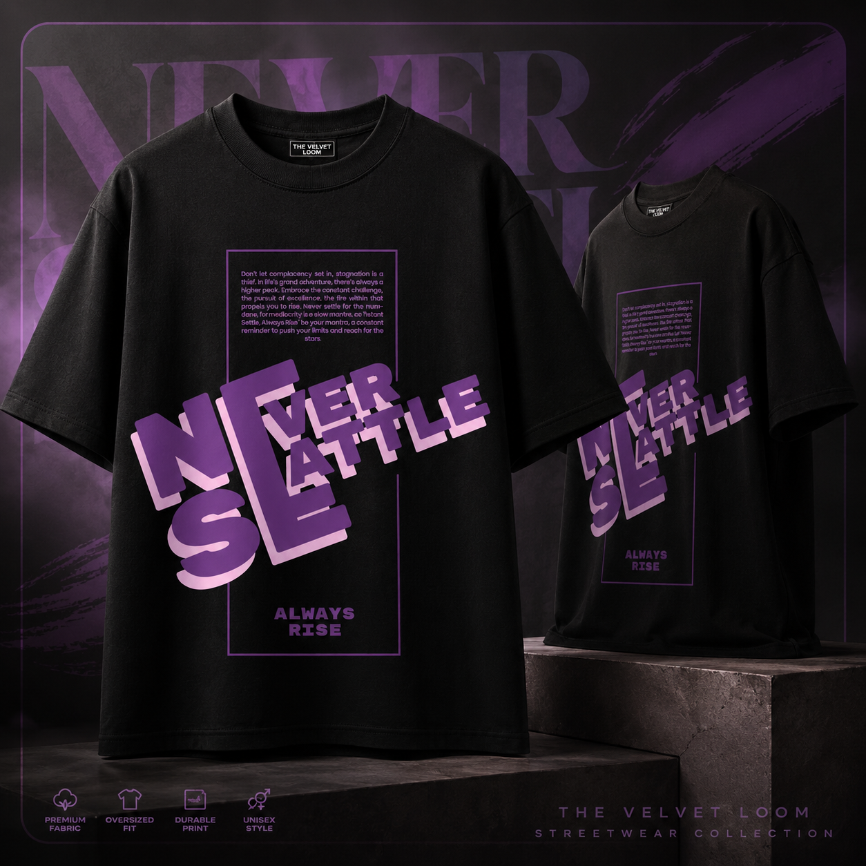 Never Settle Black Oversized Graphic Printed T-Shirt | THE VELVET LOOM