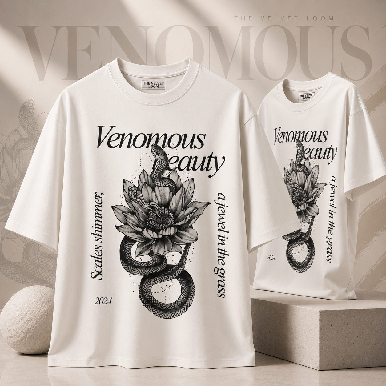 Venomous Beauty White Oversized Graphic Printed T-Shirt | THE VELVET LOOM
