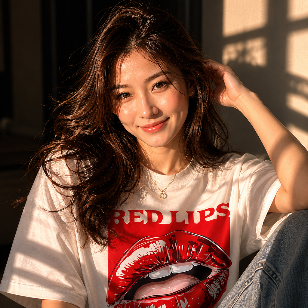 "Red Lips" Signature Oversized Tee | Pure Ivory Off-White T-Shirt for Girls