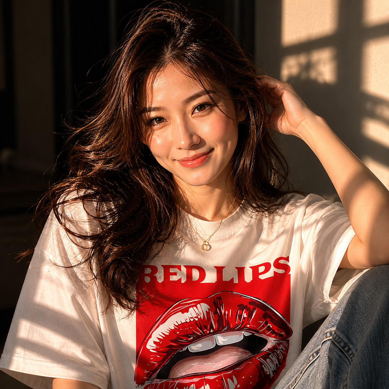 "Red Lips" Signature Oversized Tee | Pure Ivory Off-White T-Shirt for Girls
