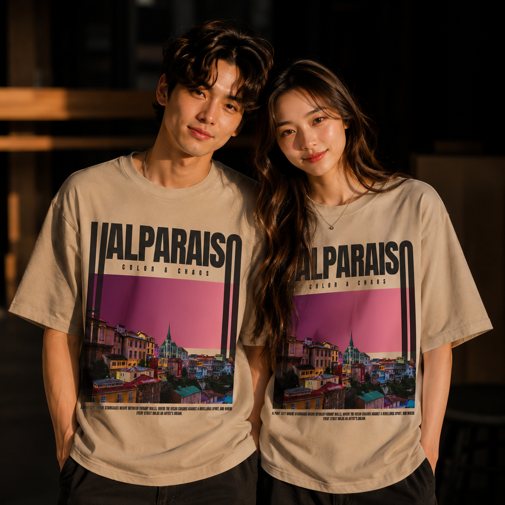 Valparaiso Sunset Oversized Graphic T-Shirt – Premium 250GSM Beige Travel Streetwear Tee