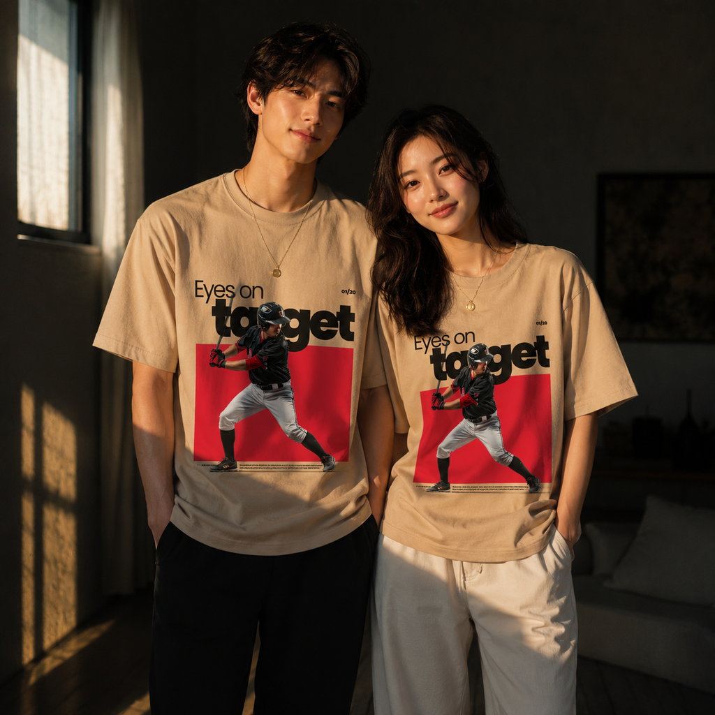 Eyes On Target Premium 250 GSM Beige Oversized Graphic T-Shirt