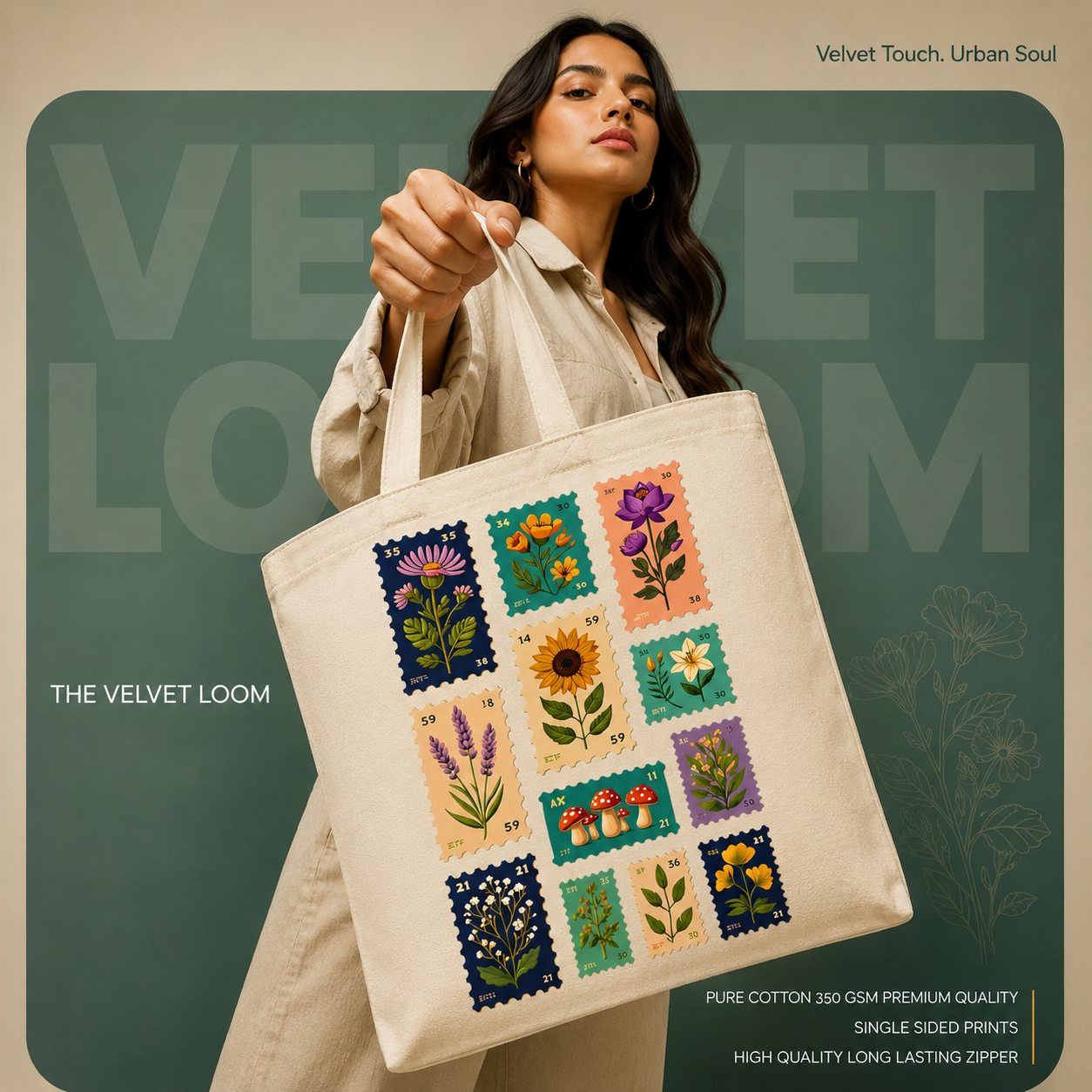 Artistic Collage Print Cotton Tote Bag | Heavyweight Single Side printed Zipper Canvas Bag