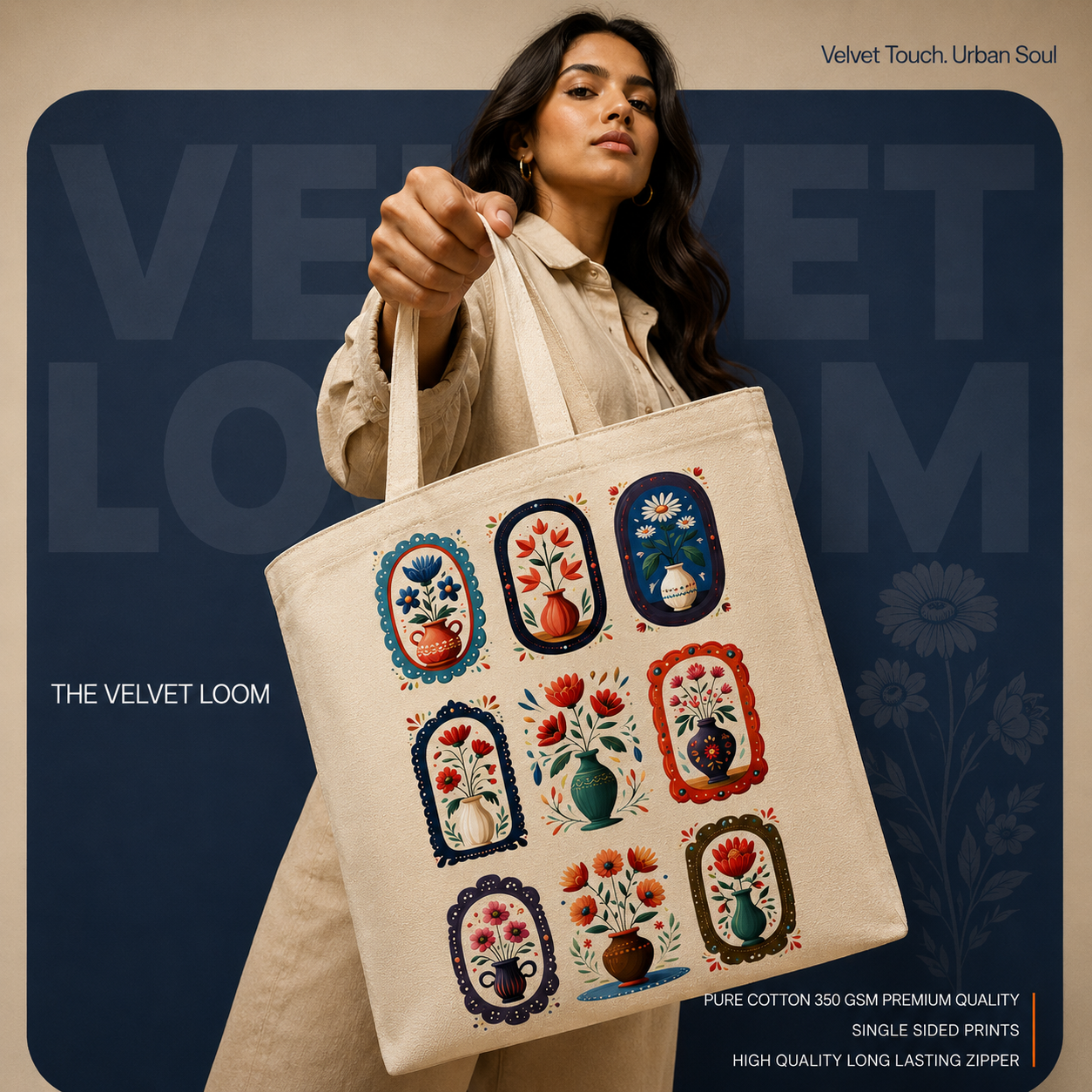 The Artistic Collage Tote Bag | Heavyweight Single Side printed Zipper Canvas Bag