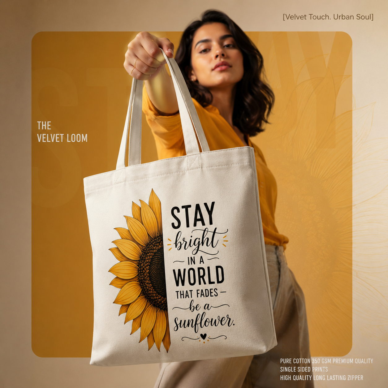 "Stay Bright" Graphic White Canvas Tote Bag | Heavyweight Single Side printed Zipper Canvas Bag