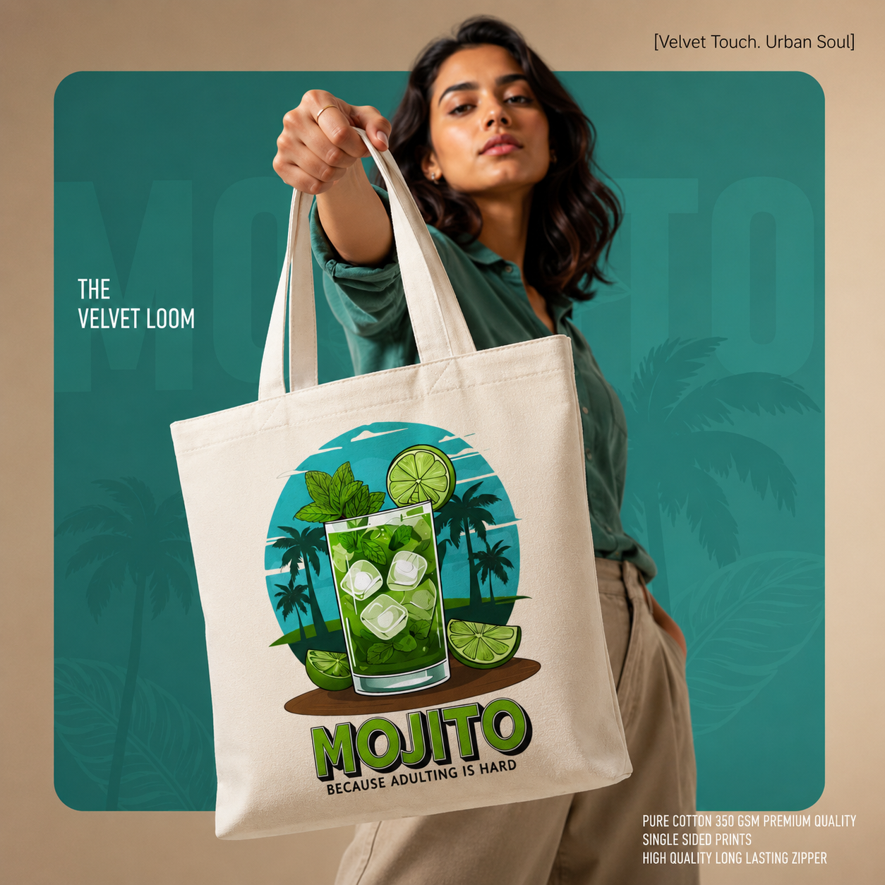 Mojito Graphic Minimalist Tote – Pure Cotton Canvas | Heavyweight Single Side printed Zipper Canvas Bag