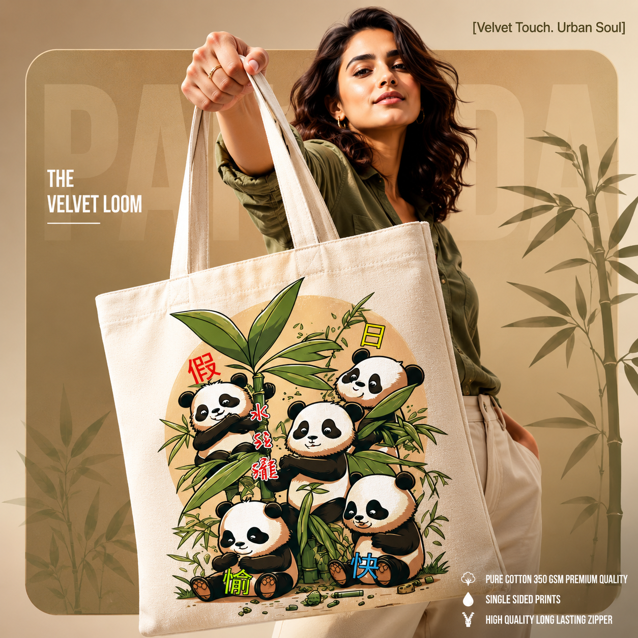Panda Harmony Premium Cotton Tote Bag | Heavyweight Single Side printed Zipper Canvas Bag