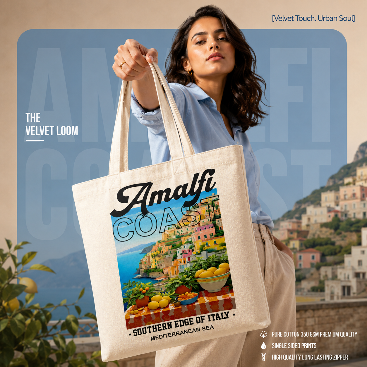 Amalfi Coast Graphic Canvas Tote Bag | Heavyweight Single Side printed Zipper Canvas Bag