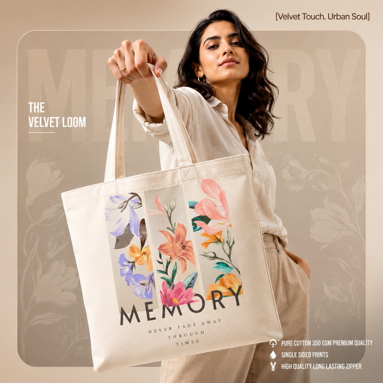 Memory Bloom Premium Cotton Tote Bag | Heavyweight Single Side printed Zipper Canvas Bag