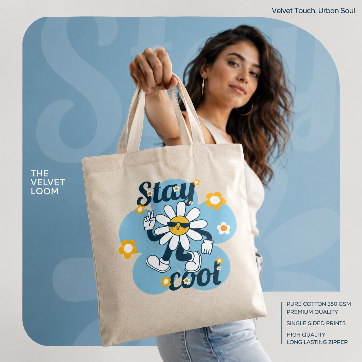 "Stay Cool" Retro Daisy Canvas Tote Bag