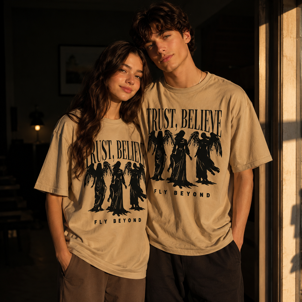 Trust and Believe Premium Beige Oversized Graphic Printed T-Shirt | The Velvet Loom