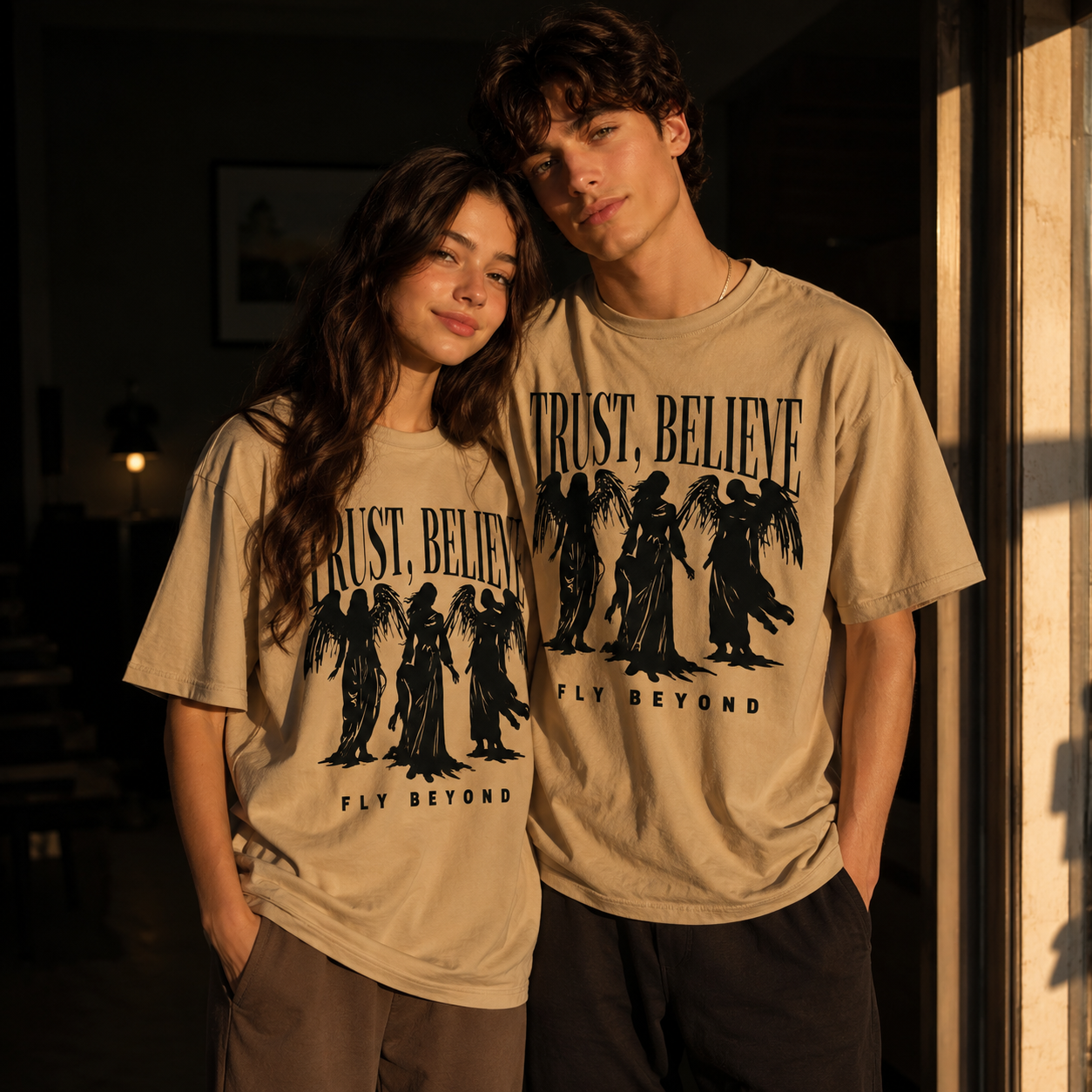 Trust and Believe Premium Beige Oversized Graphic Printed T-Shirt | The Velvet Loom