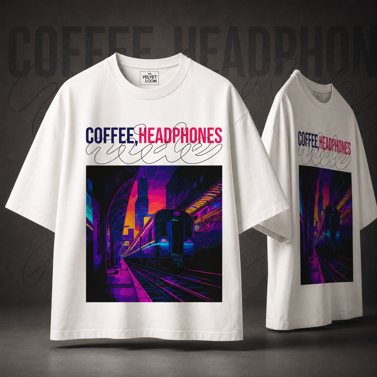 Coffee, Headphones & Vibes White Oversized T-Shirt | THE VELVET LOOM