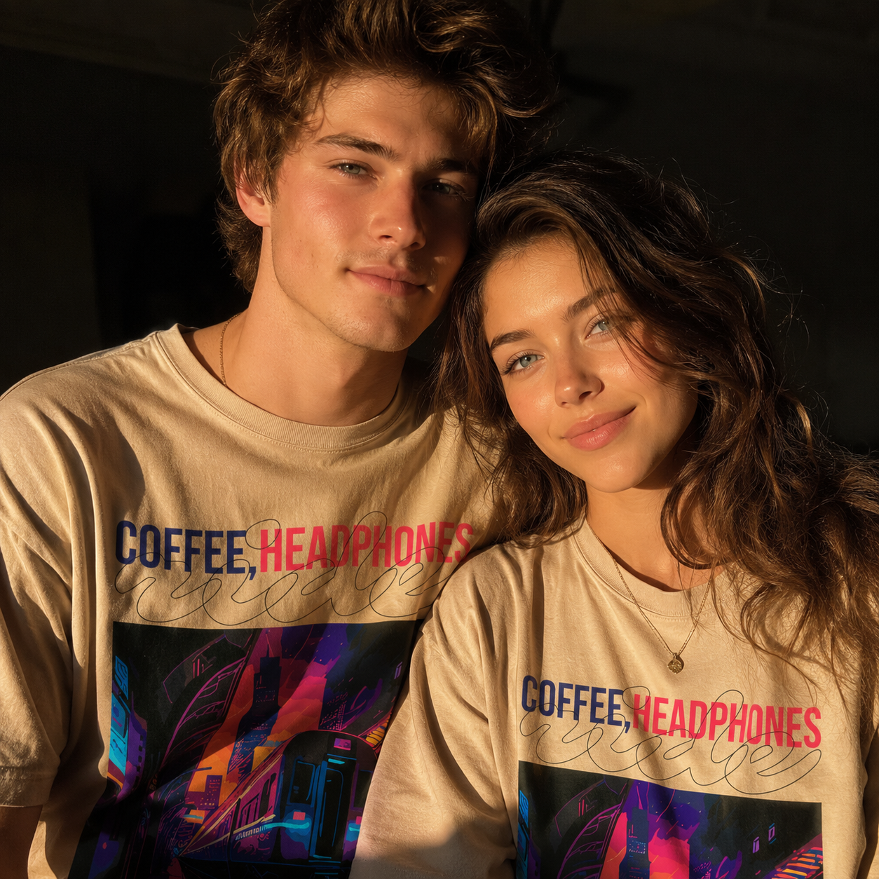 Coffee, Headphones & Vibes Beige Oversized T-Shirt | THE VELVET LOOM