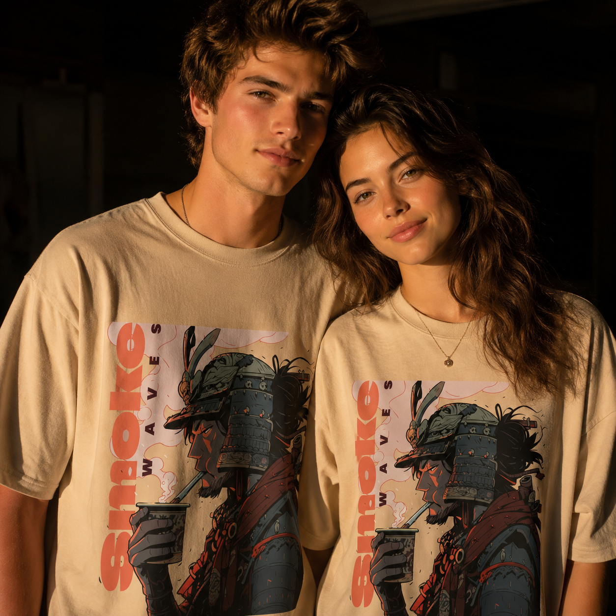 Samurai Waves Beige Oversized Graphic Printed T-Shirt | THE VELVET LOOM