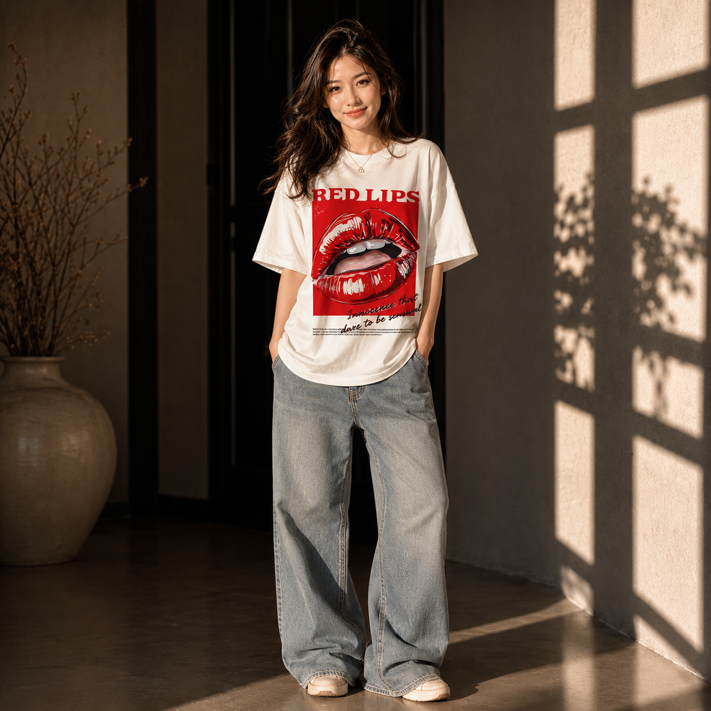 "Red Lips" Signature Oversized Tee | Pure Ivory Off-White T-Shirt for Girls