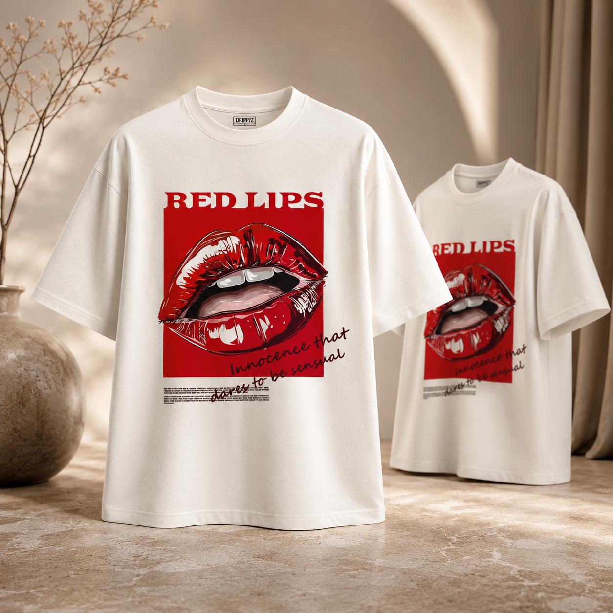"Red Lips" Signature Oversized Tee | Pure Ivory Off-White T-Shirt for Girls