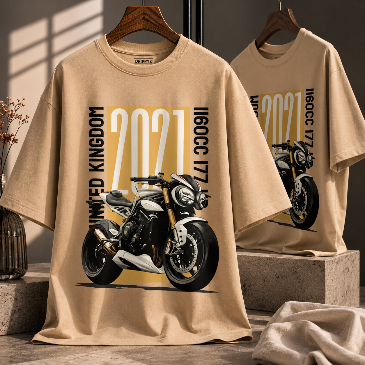 Kingdom 2021 Motorcycle Oversized T-Shirt – Premium 250 GSM Beige Streetwear Graphic Tee