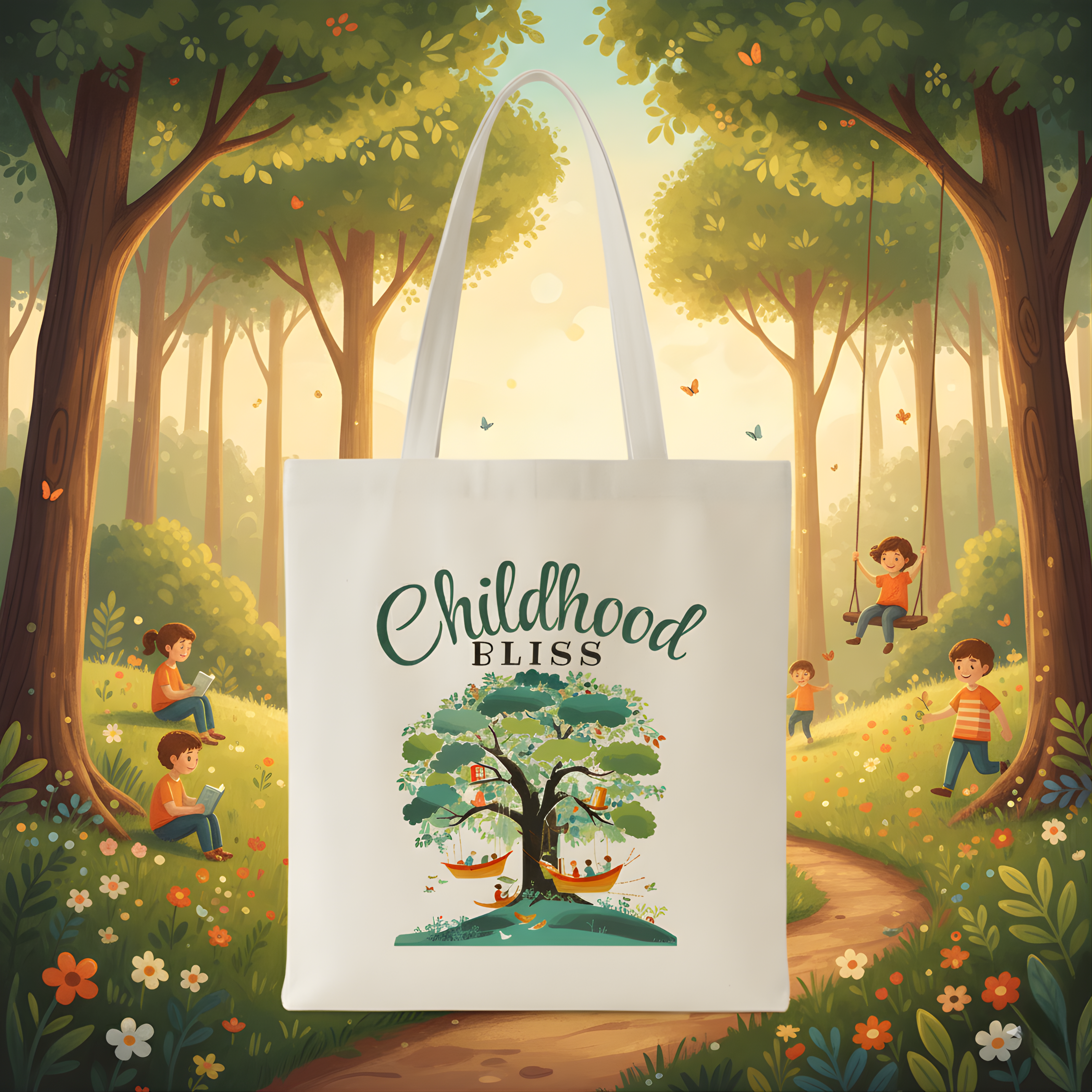 "Childhood Bliss" Eco-Friendly Illustrated Tote Bag – Whimsical Tree Swing & Forest Scene