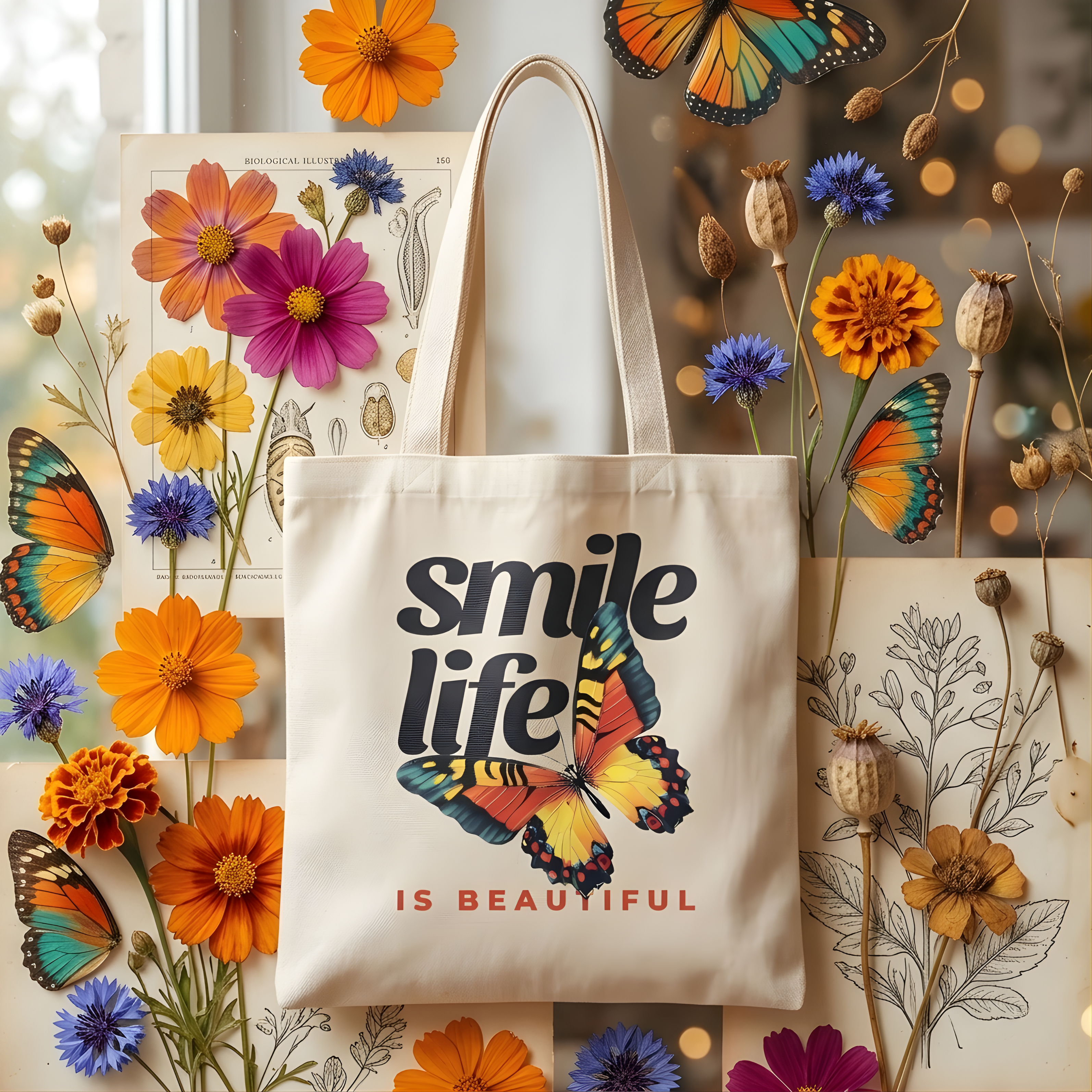 Butterfly Botanical "Smile Life" Canvas Tote Bag