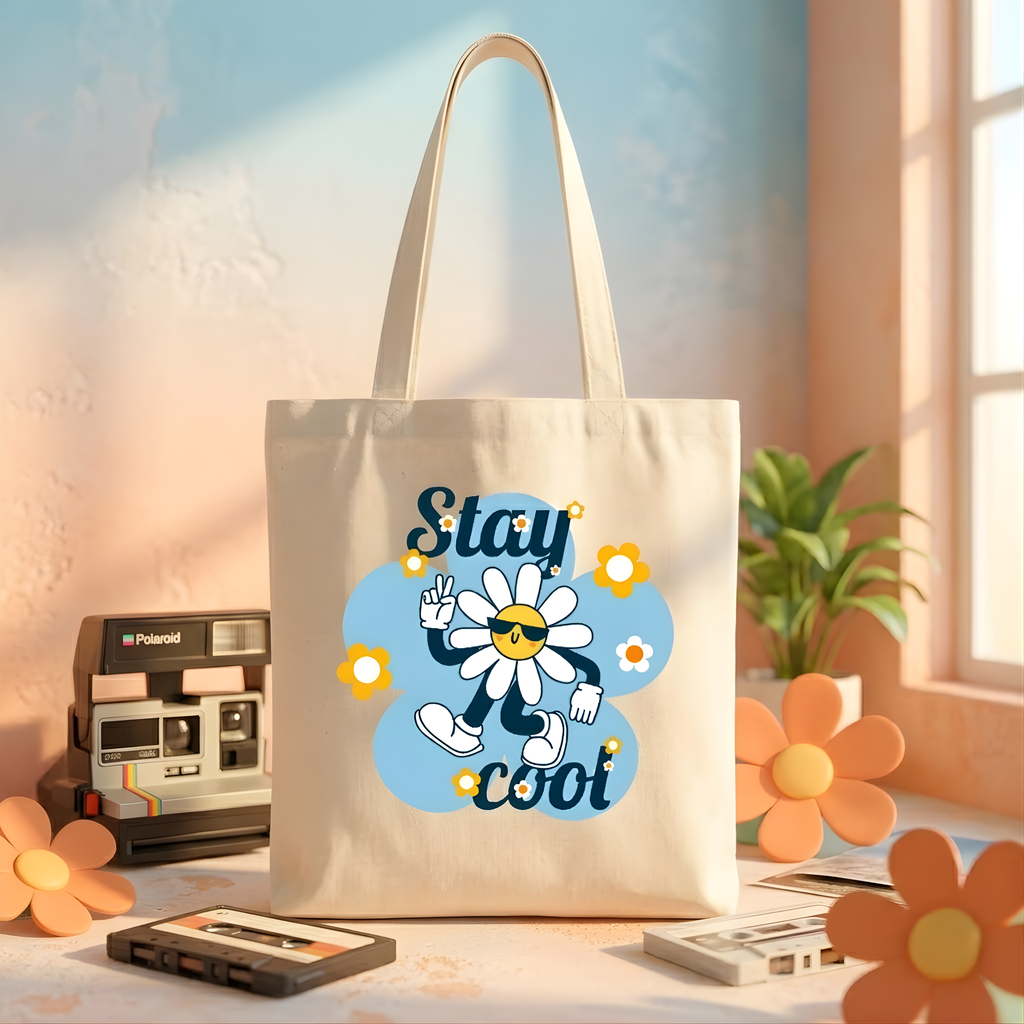 "Stay Cool" Retro Daisy Canvas Tote Bag