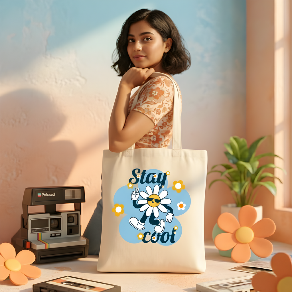 "Stay Cool" Retro Daisy Canvas Tote Bag