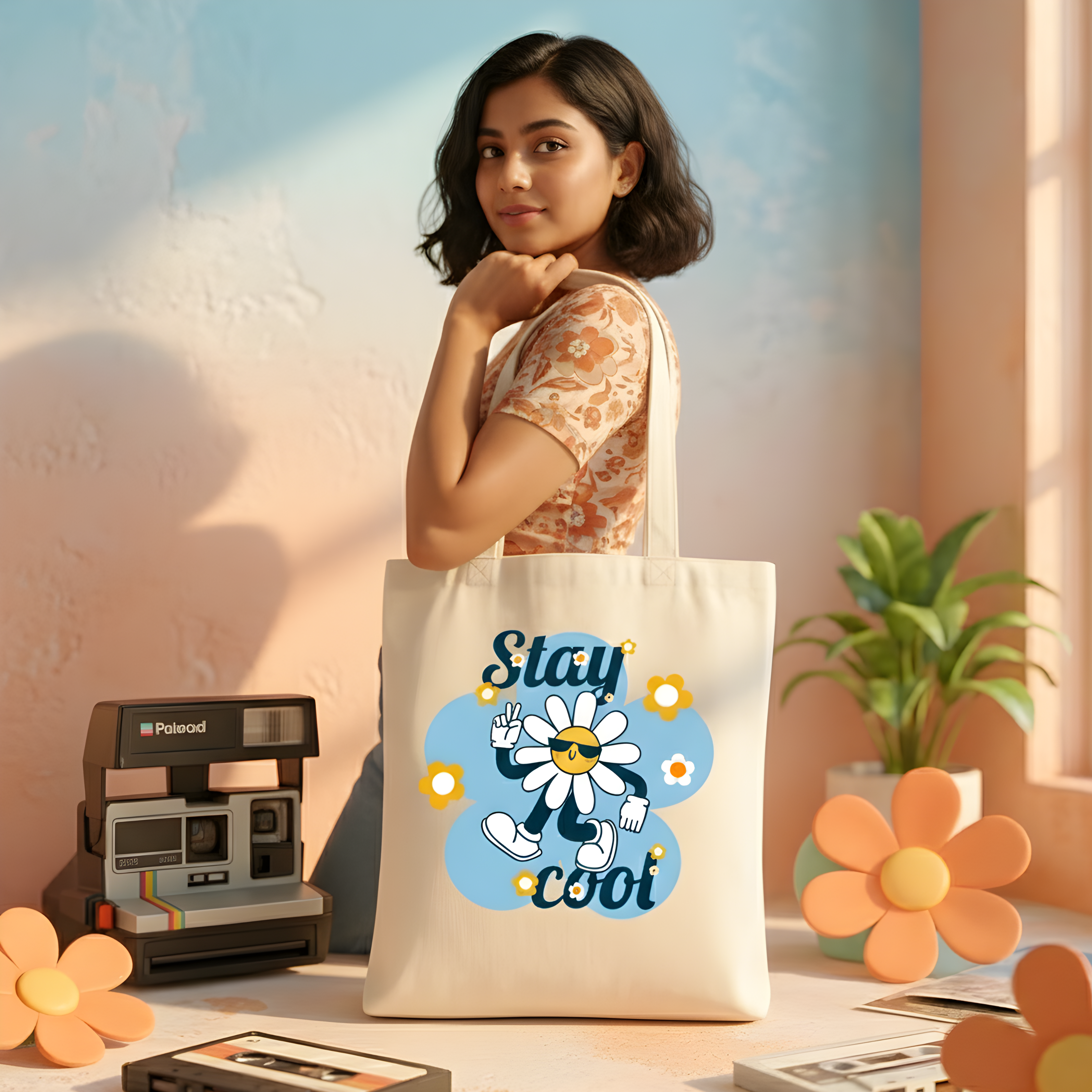 "Stay Cool" Retro Daisy Canvas Tote Bag