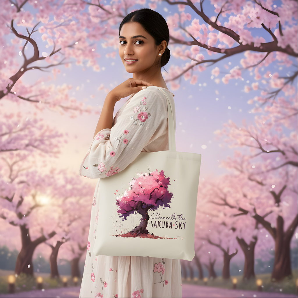 "Beneath the Sakura Sky" Artistic Canvas Tote Bag | Premium Eco-Friendly Carry-All