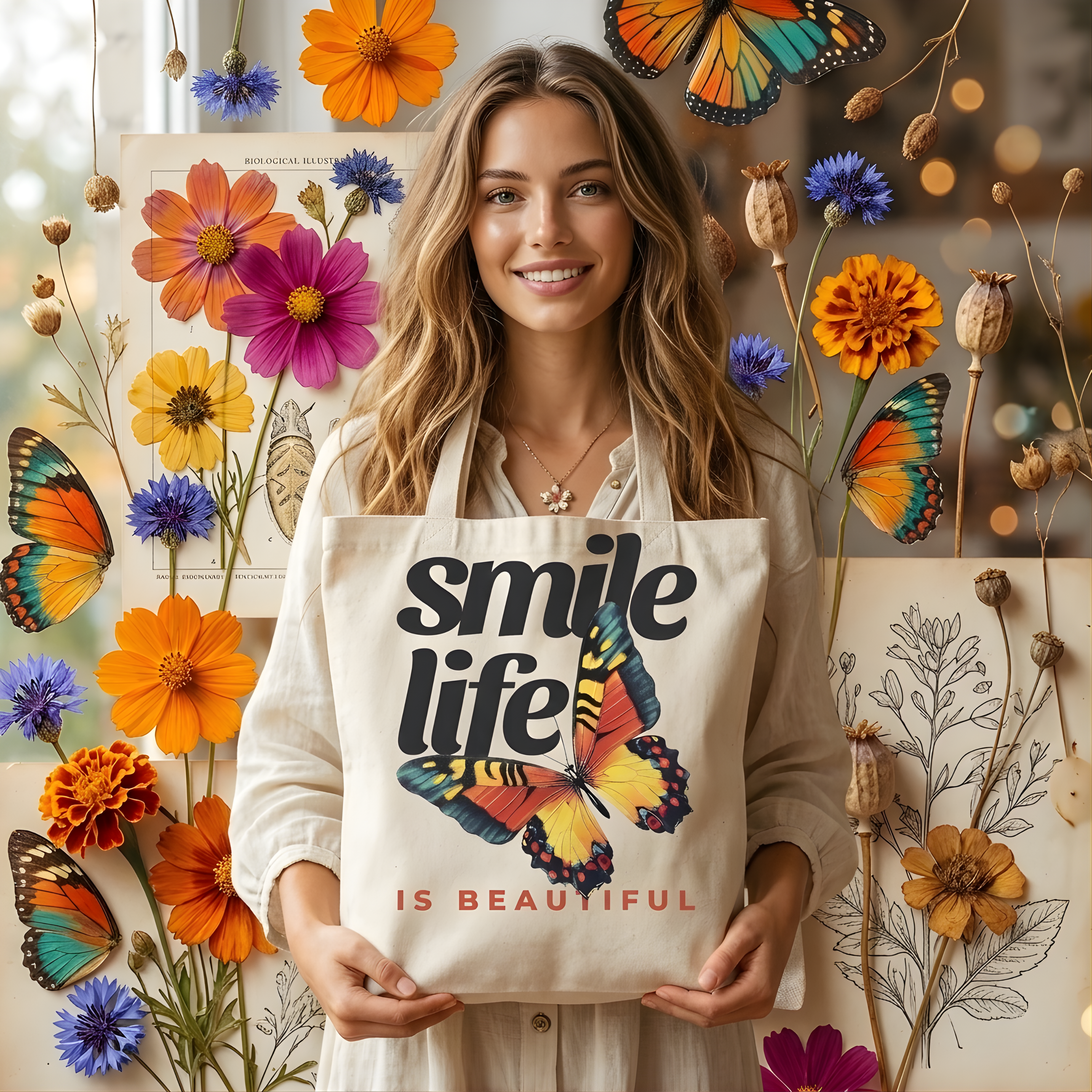 Butterfly Botanical "Smile Life" Canvas Tote Bag