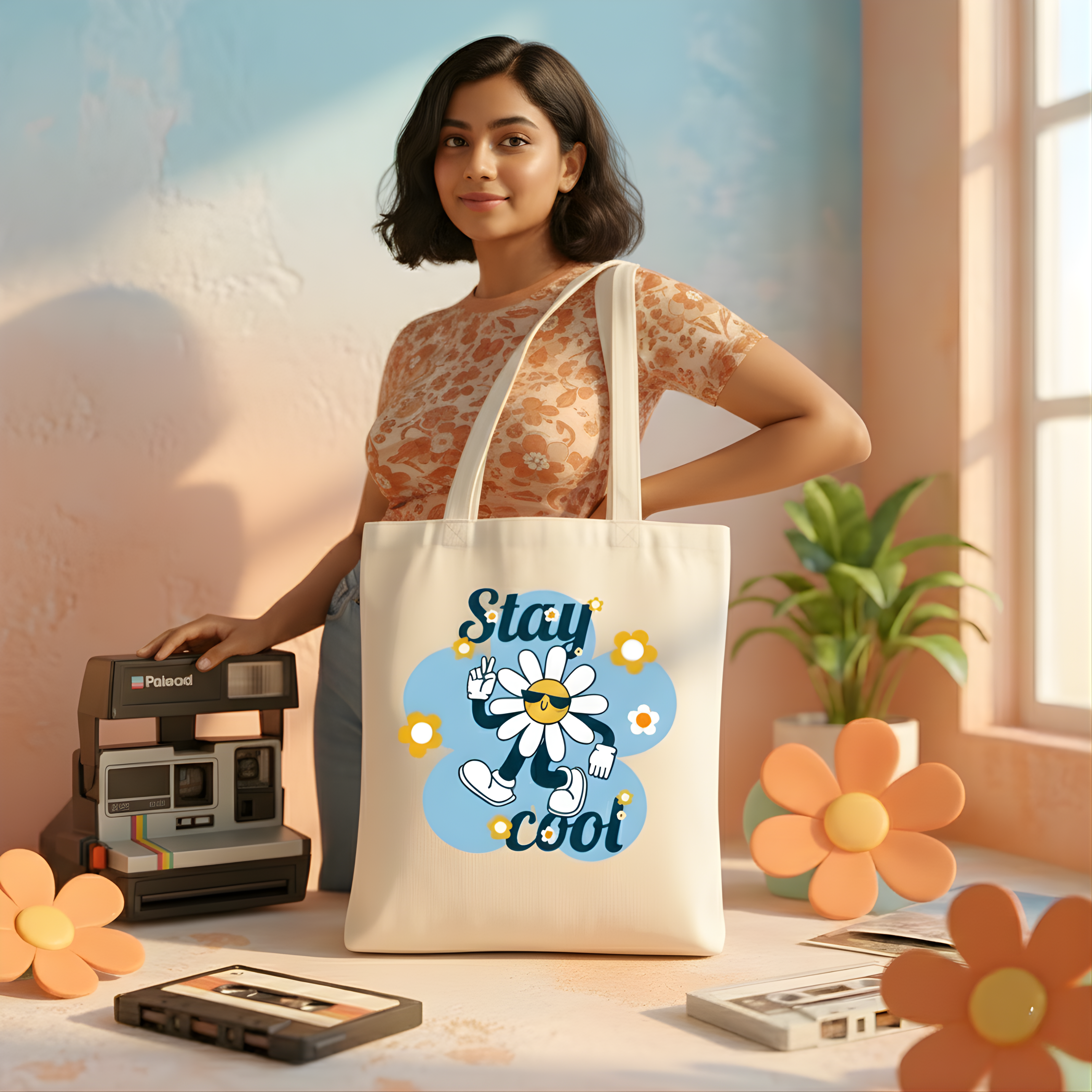 "Stay Cool" Retro Daisy Canvas Tote Bag