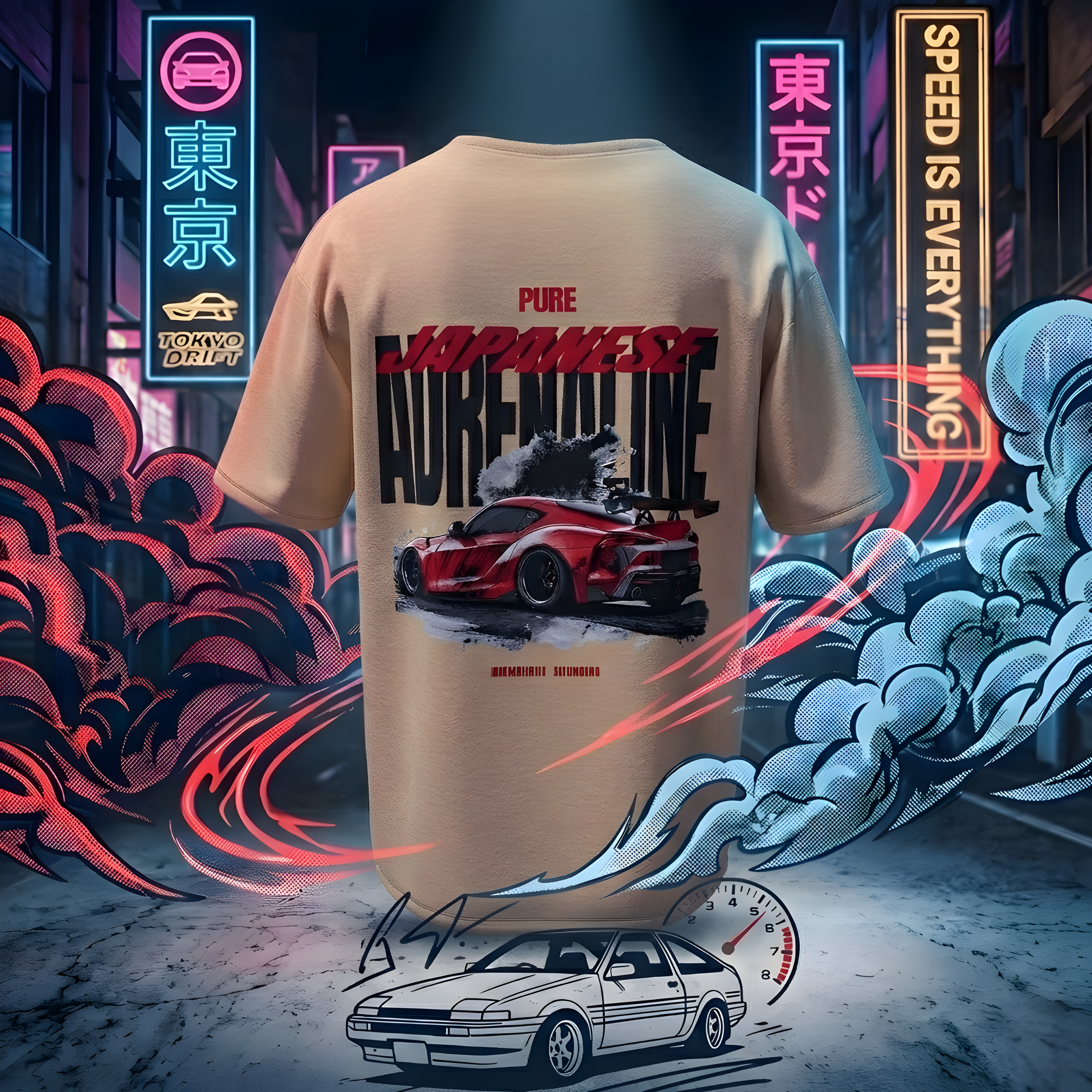 "Japanese Adrenaline" Heavyweight UNISEX Oversized Tee – Desert Sand