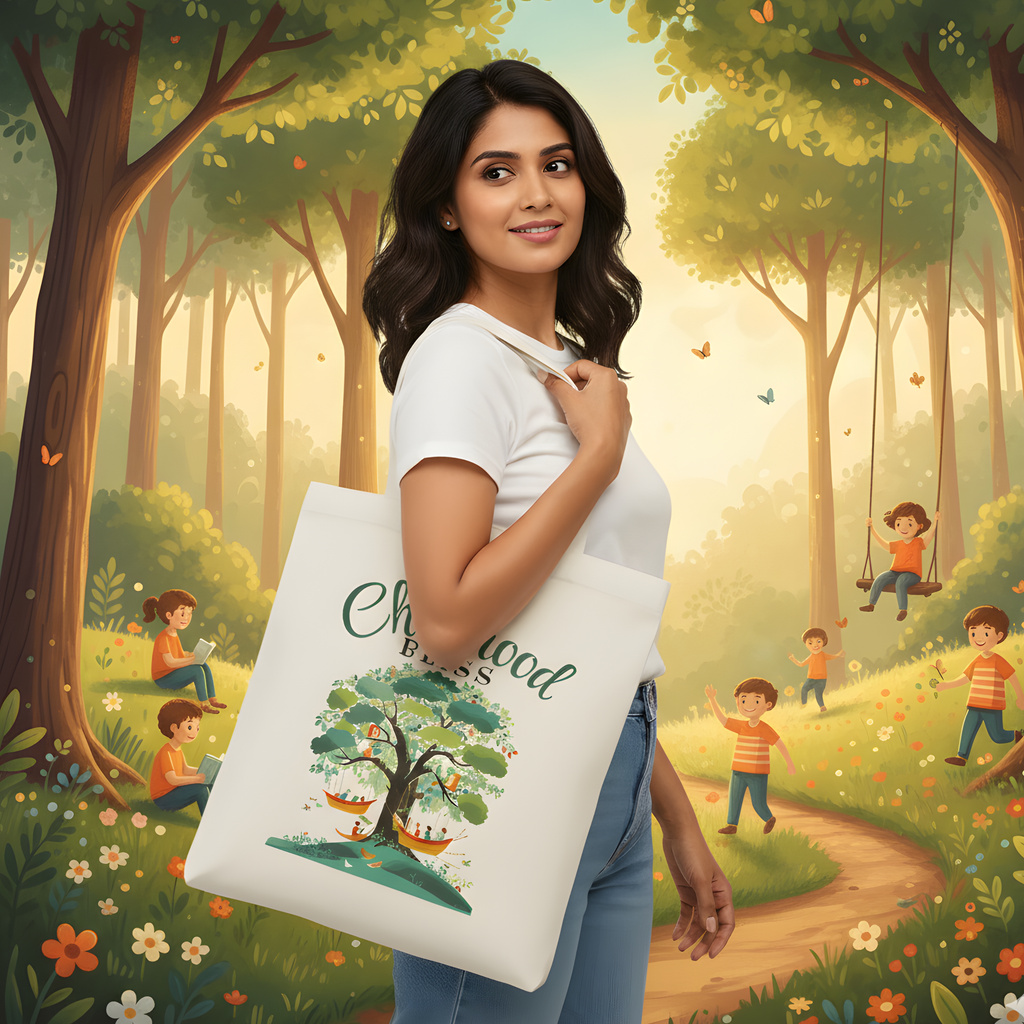 "Childhood Bliss" Eco-Friendly Illustrated Tote Bag – Whimsical Tree Swing & Forest Scene