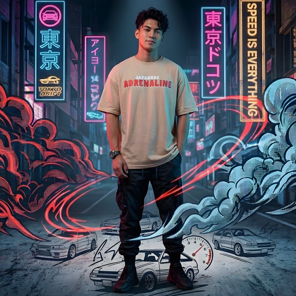 "Japanese Adrenaline" Heavyweight UNISEX Oversized Tee – Desert Sand