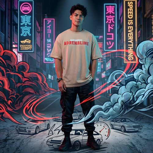 "Japanese Adrenaline" Heavyweight UNISEX Oversized Tee – Desert Sand