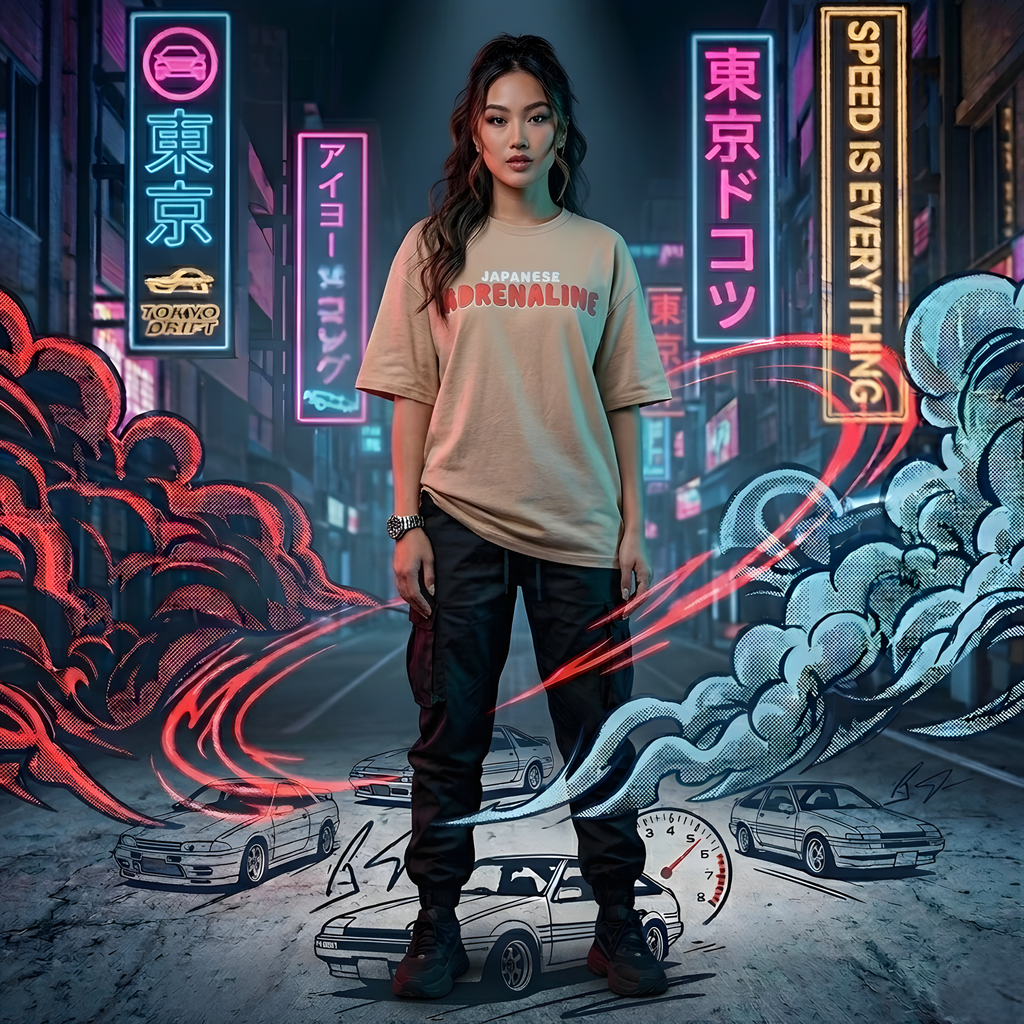 "Japanese Adrenaline" Heavyweight UNISEX Oversized Tee – Desert Sand