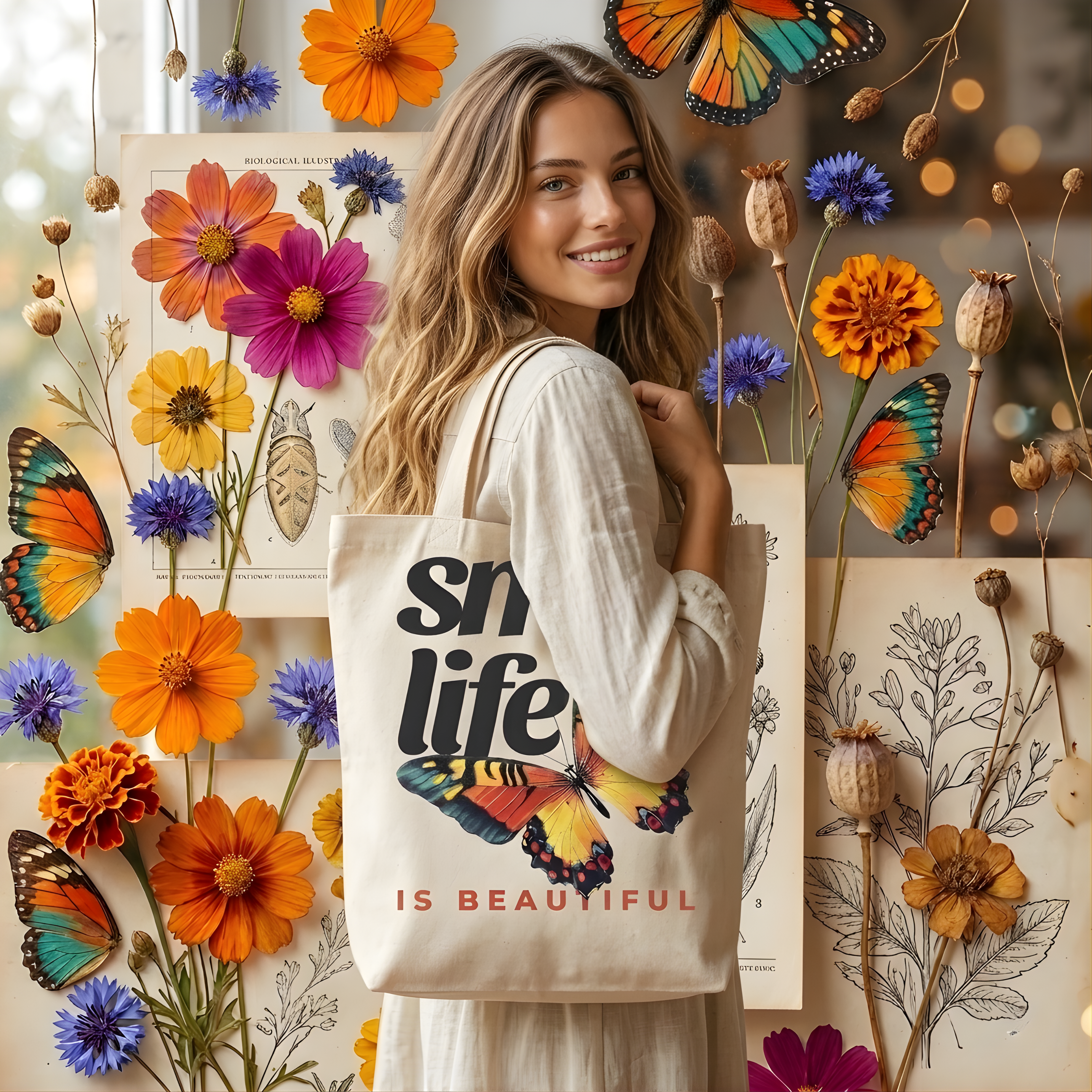 Butterfly Botanical "Smile Life" Canvas Tote Bag